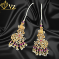 Handcrafted 22k Gold Plated Ruby & Pearl Jadau Earrings with Sahara Chains image 0