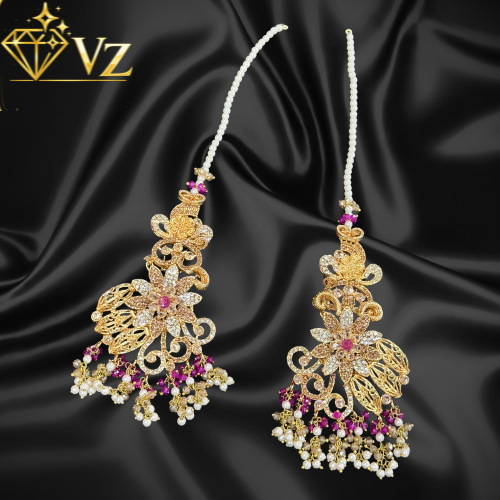 Handcrafted 22k Gold Plated Ruby & Pearl Jadau Earrings with Sahara Chains image 0