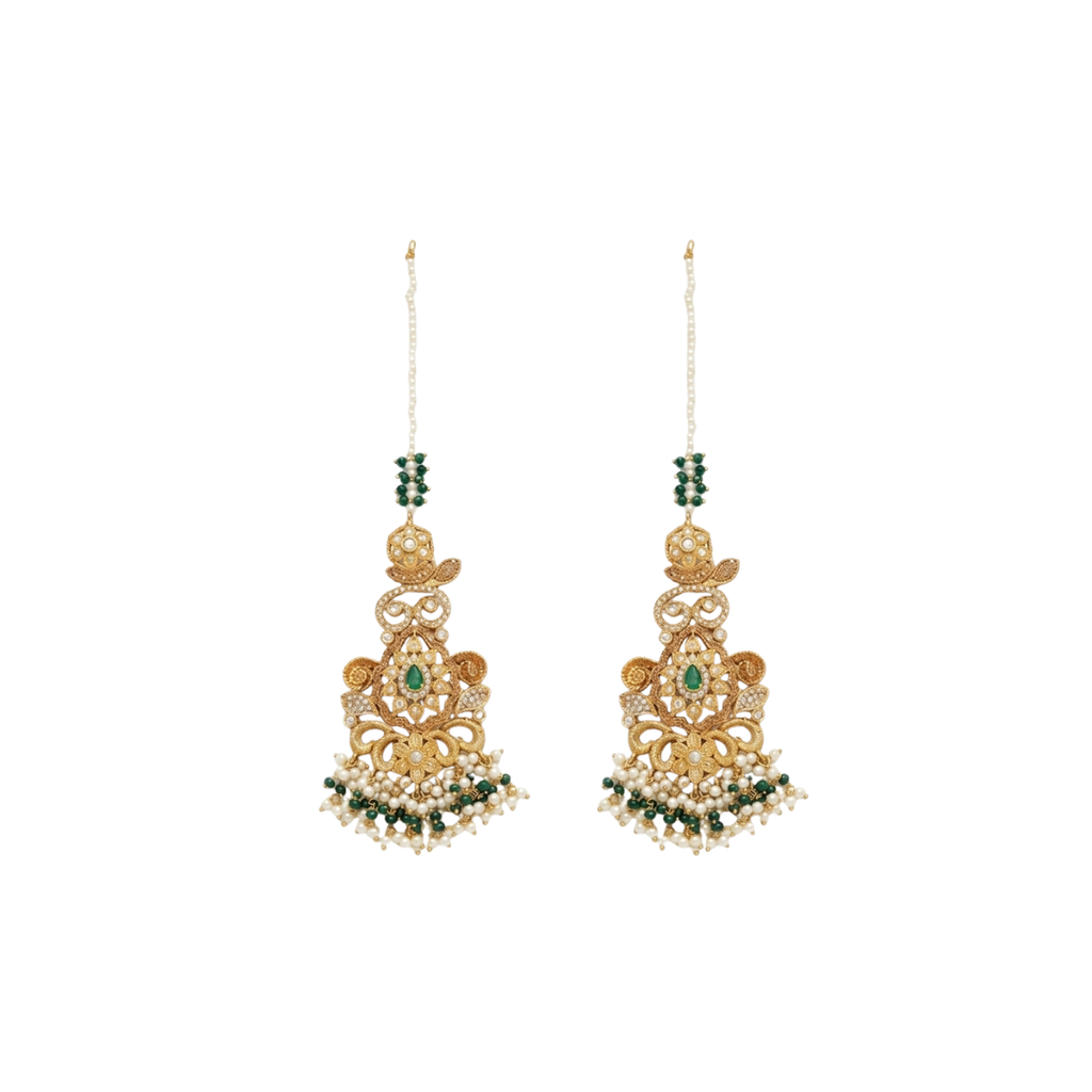 Noor Mahal 3D Kundan Bridal Choker Set with Pearl & Green Stones (Real Stone Finish)