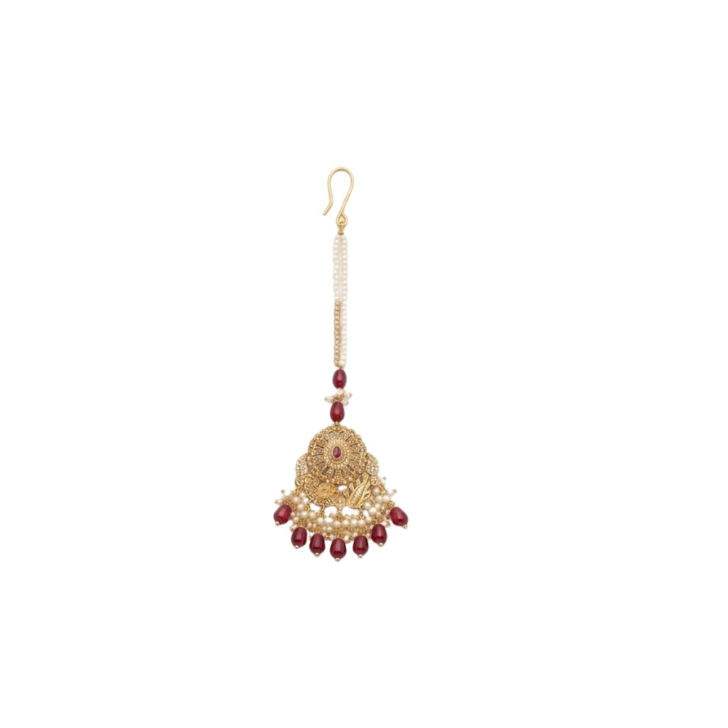 Bridal Maroon Kundan Jewelry Set with Pearl & Beads