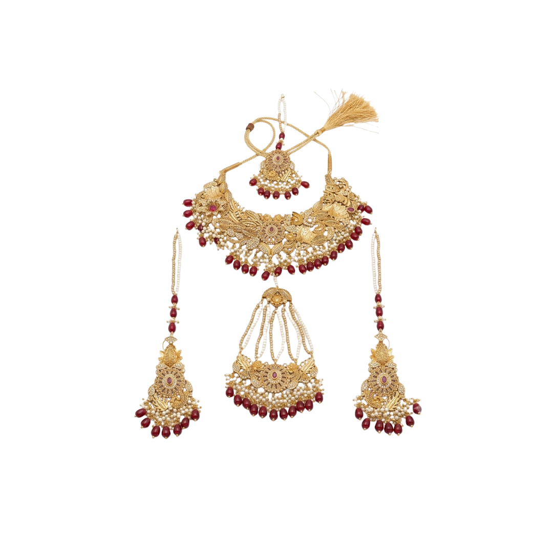 Bridal Maroon Kundan Jewelry Set with Pearl & Beads