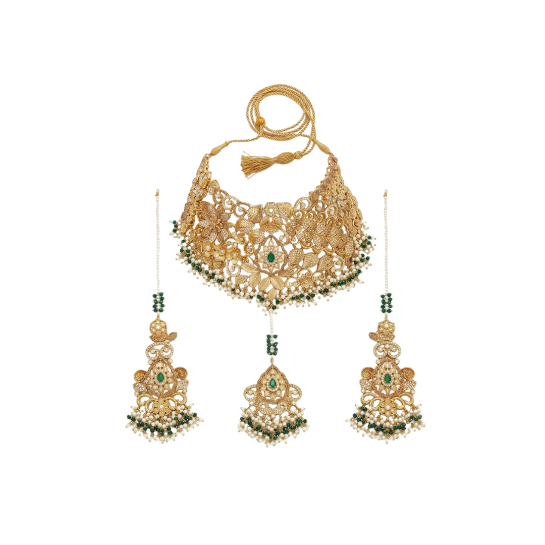 Noor Mahal 3D Kundan Bridal Choker Set with Pearl & Green Stones (Real Stone Finish)