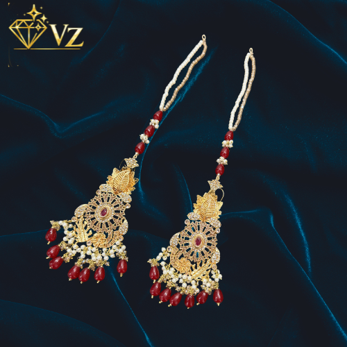 Bridal Maroon Kundan Jewelry Set with Pearl & Beads - Only Earrings image
