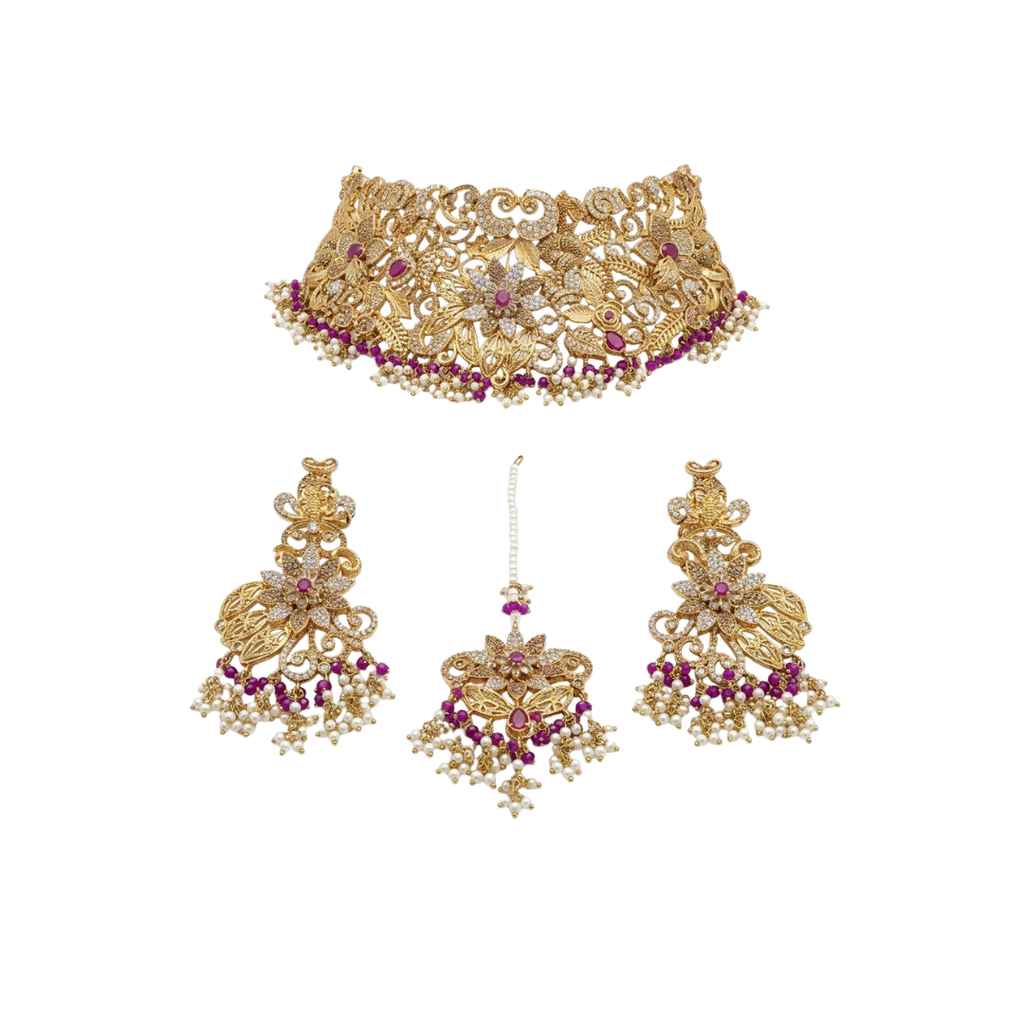 Zarmina Pearl Kundan Bridal Set – Elegant Choker with Jhumka & Tikka