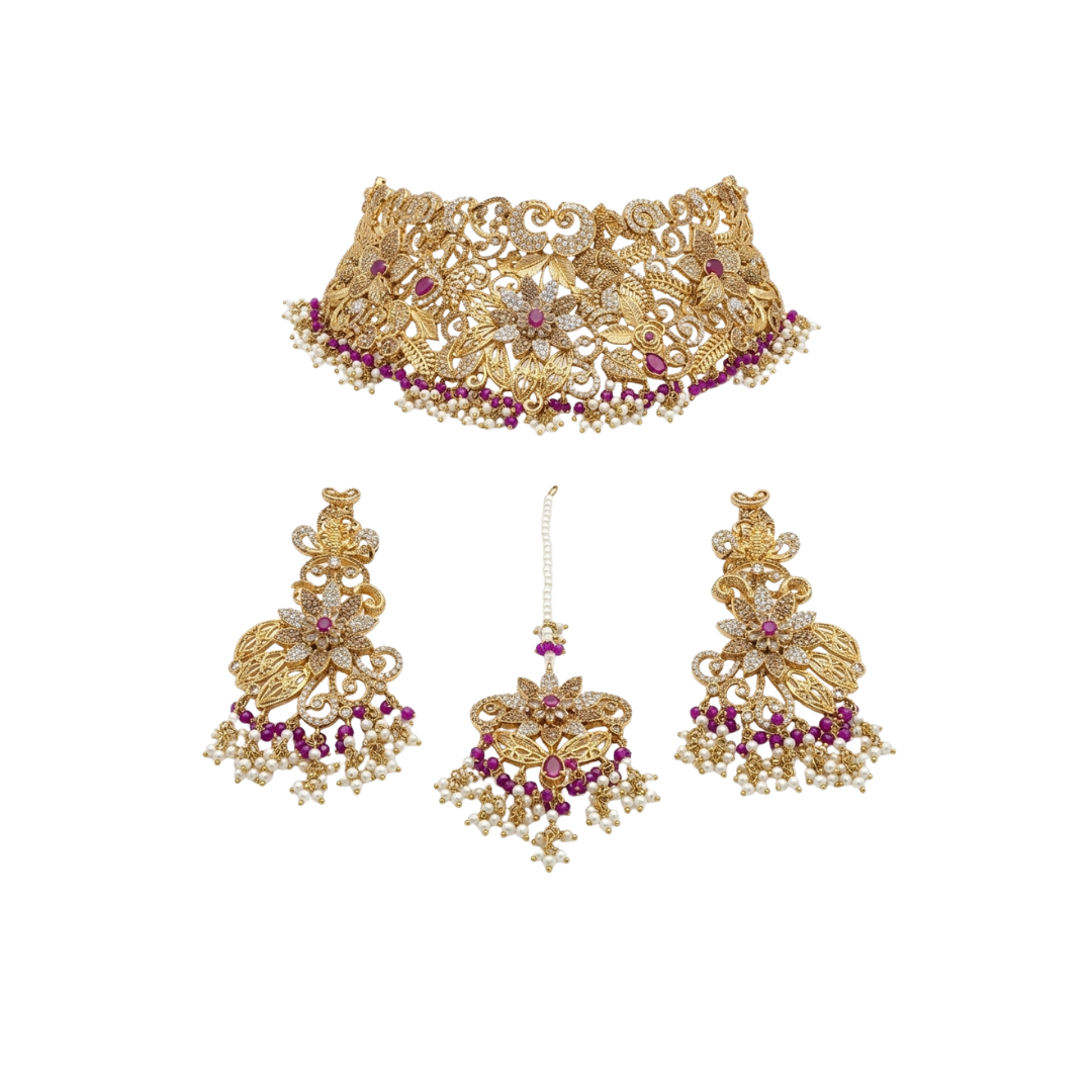 Zarmina Pearl Kundan Bridal Set – Elegant Choker with Jhumka & Tikka