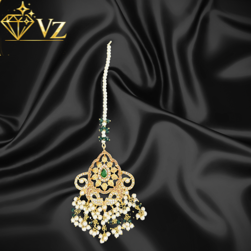 Noor Mahal 3D Kundan Bridal Choker Set with Pearl & Green Stones (Real Stone Finish) - Only Tikka image