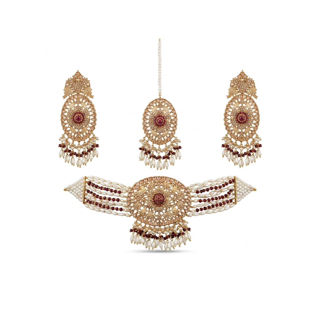Maroon & Gold Bridal Choker Set (Complete Wedding Jewellery Set)