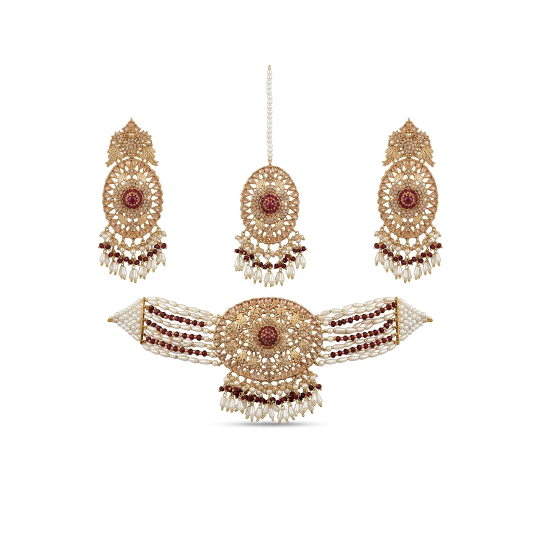 Maroon & Gold Bridal Choker Set (Complete Wedding Jewellery Set)