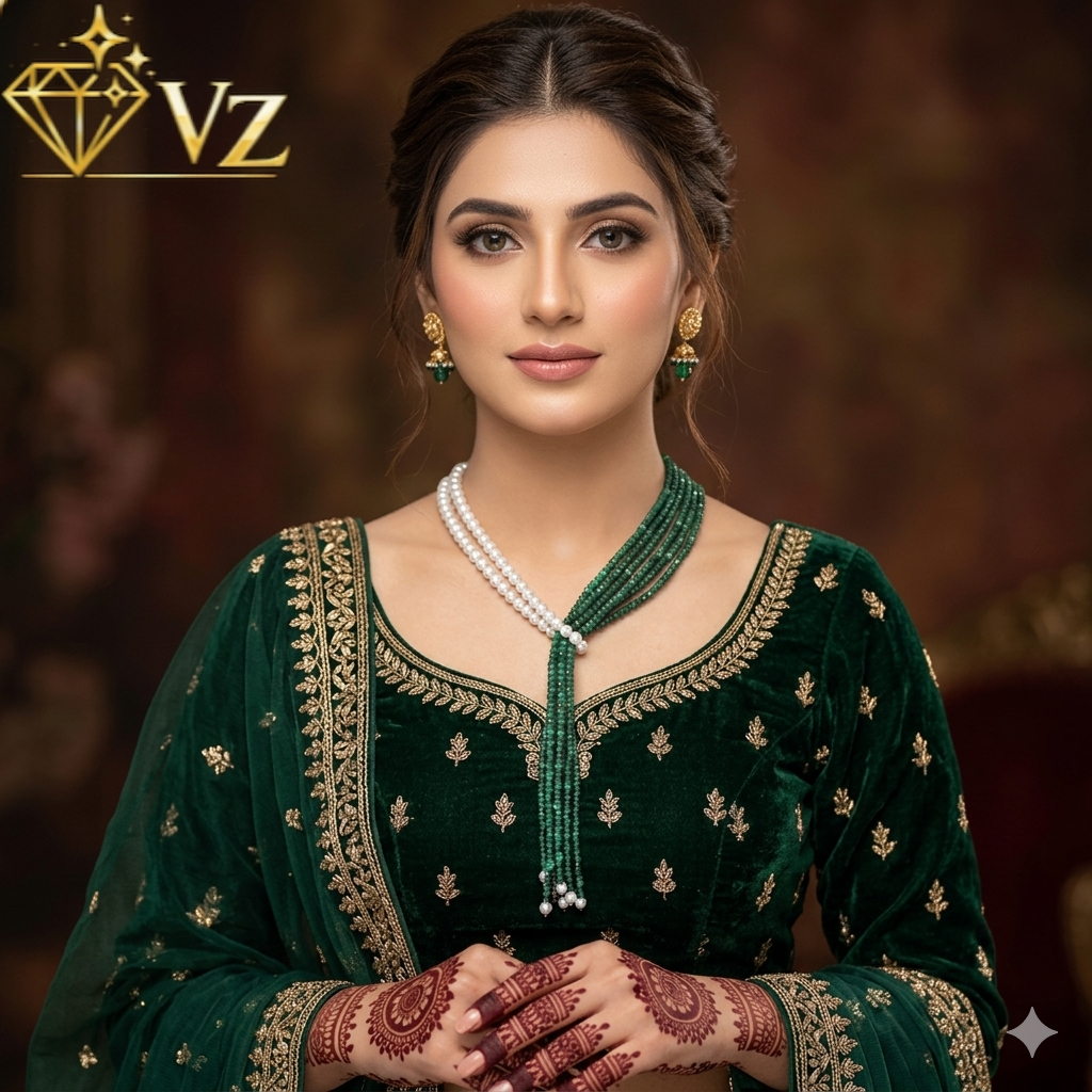 Luxury Green & Pearl Lariat Mala Necklace (Multi-Strand Bridal Mala) image 1