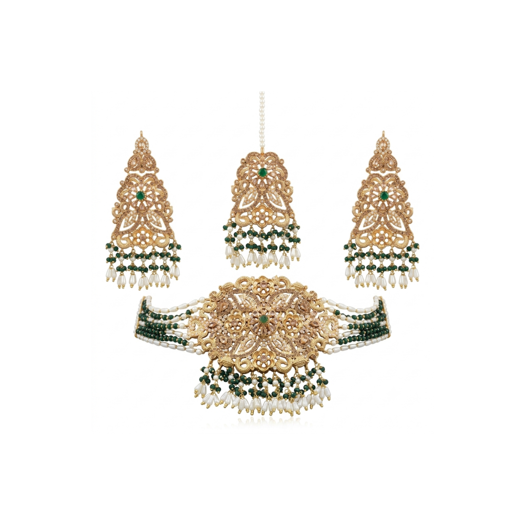 Handcrafted 22k Gold Plated Emerald & Pearl Bridal Choker Set