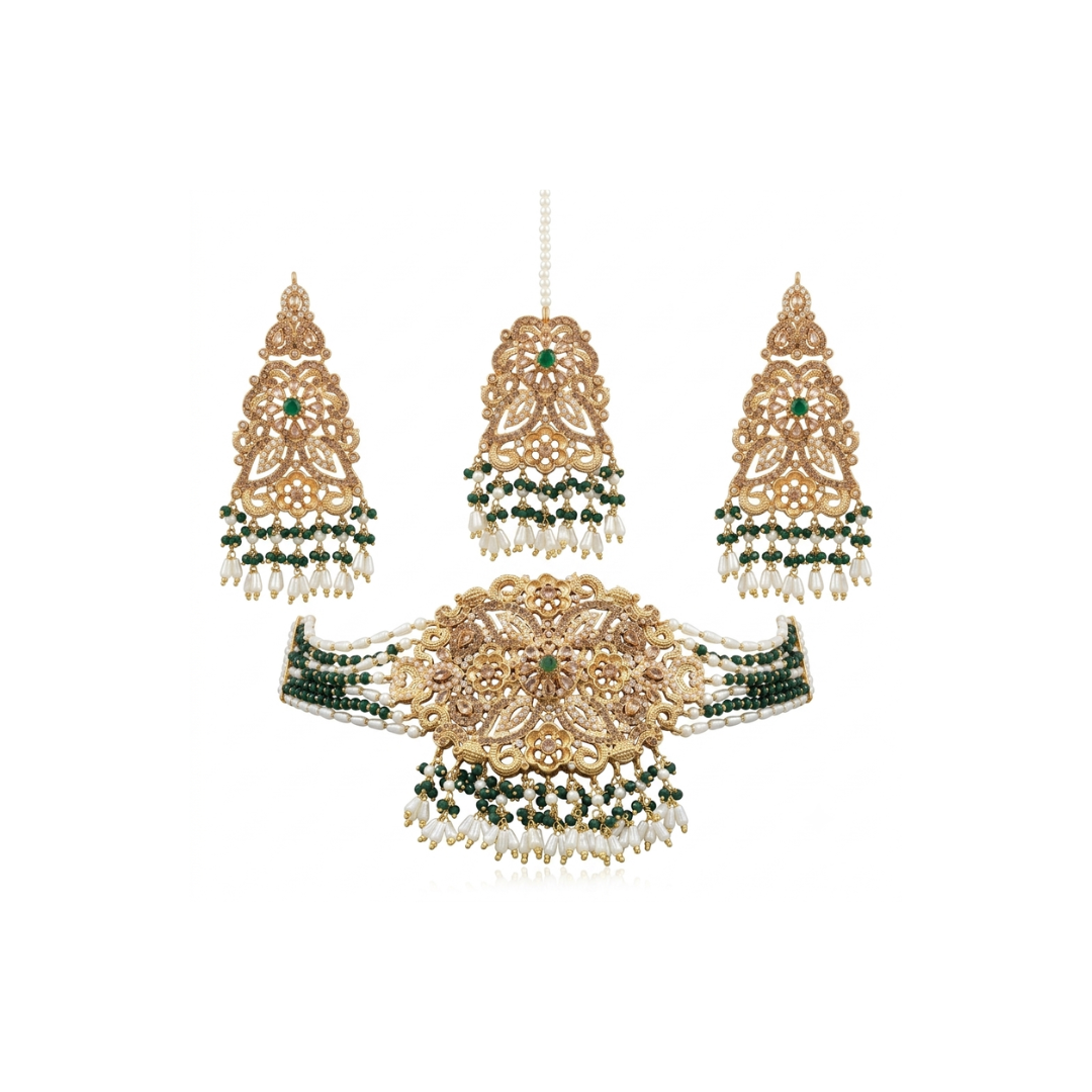 Handcrafted 22k Gold Plated Emerald & Pearl Bridal Choker Set