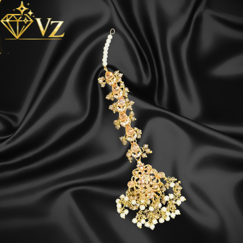 Noor-e-Zar Sahara Jhumka Bridal Set – 3 Layer Pearl Kundan Choker Set - Only Tikka image