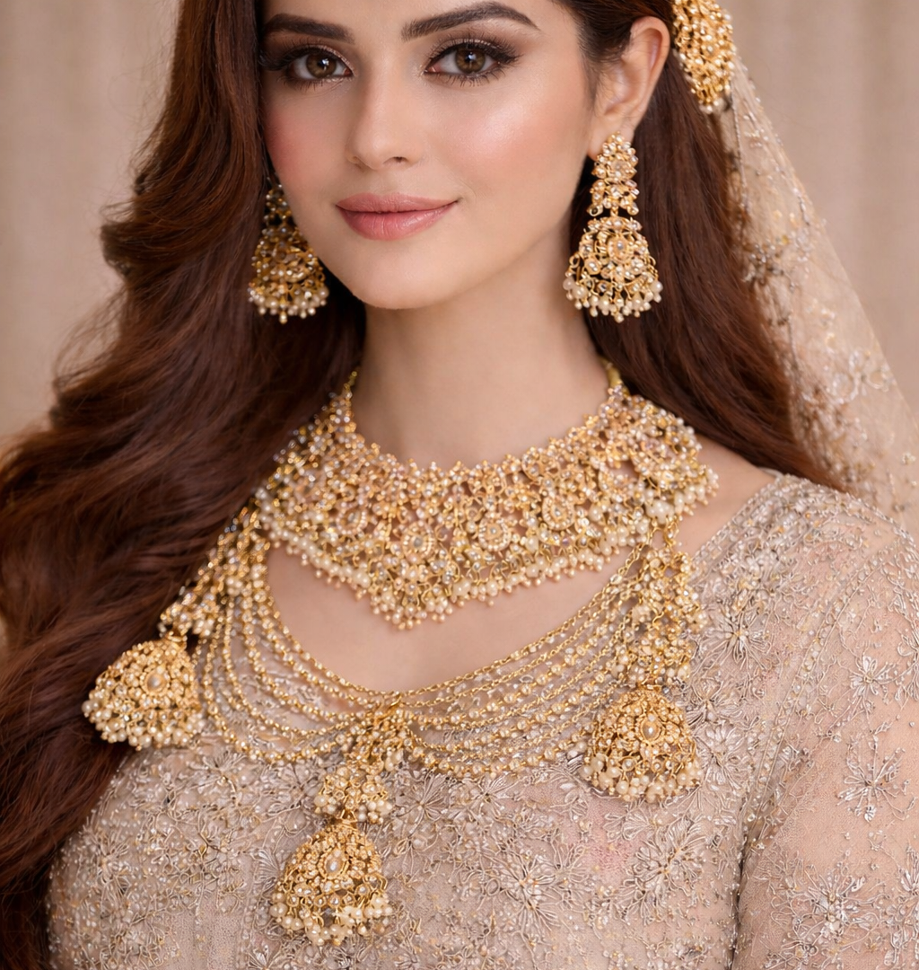 Noor-e-Zar Sahara Jhumka Bridal Set – 3 Layer Pearl Kundan Choker Set image 1