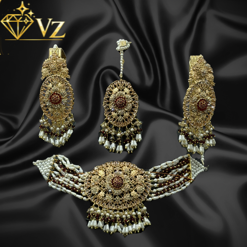 Maroon & Gold Bridal Choker Set (Complete Wedding Jewellery Set) - Full Set image