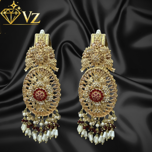 Maroon & Gold Bridal Choker Set (Complete Wedding Jewellery Set) - Only Earrings image