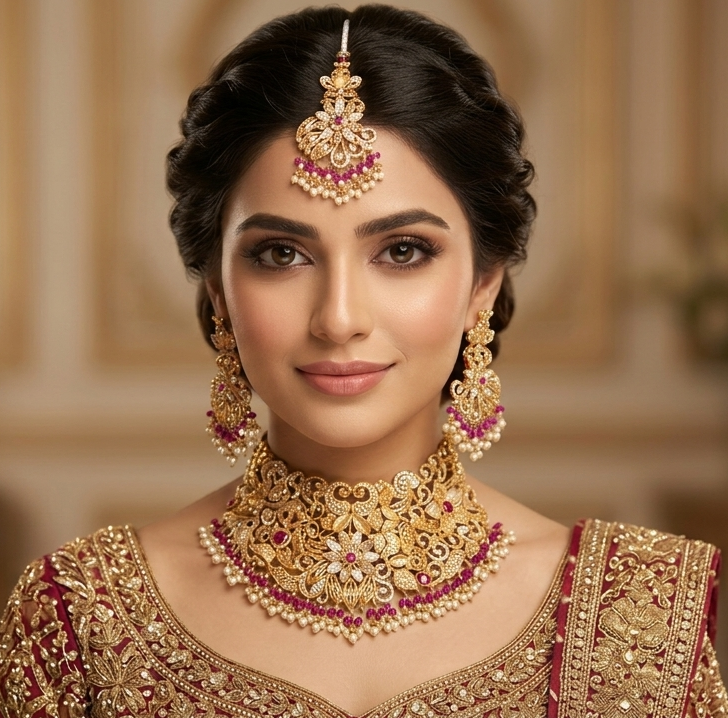 Zarmina Pearl Kundan Bridal Set – Elegant Choker with Jhumka & Tikka image 1