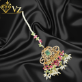 Handcrafted 22k Gold Plated Floral Jadau Maang Tikka with Pink Stones and Pearl Drops image 0