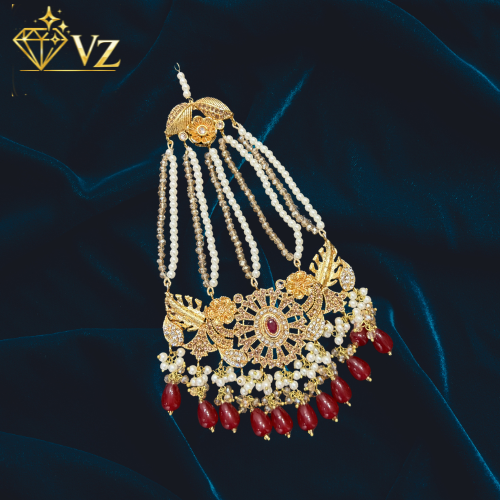 Bridal Maroon Kundan Jewelry Set with Pearl & Beads image 3
