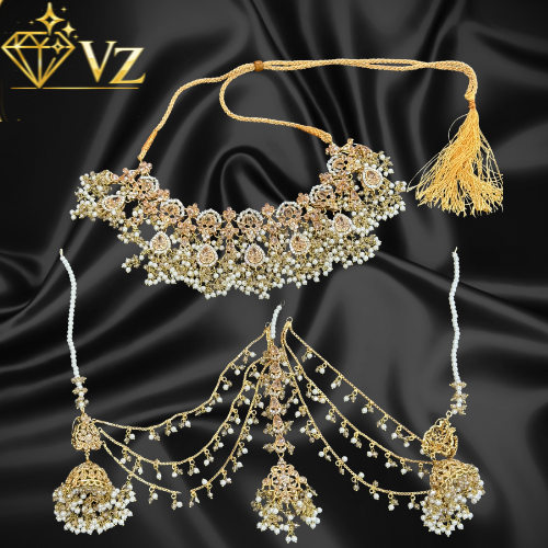 Noor-e-Zar Sahara Jhumka Bridal Set – 3 Layer Pearl Kundan Choker Set - Full Set image