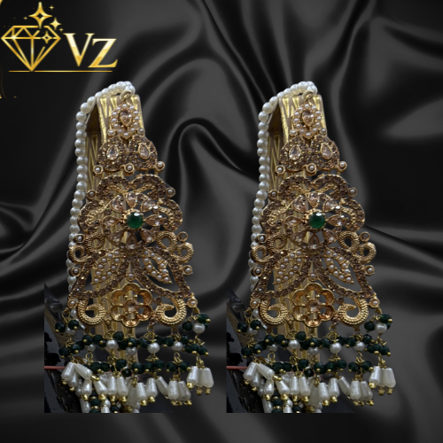 Handcrafted 22k Gold Plated Emerald & Pearl Bridal Choker Set - Only earrings image