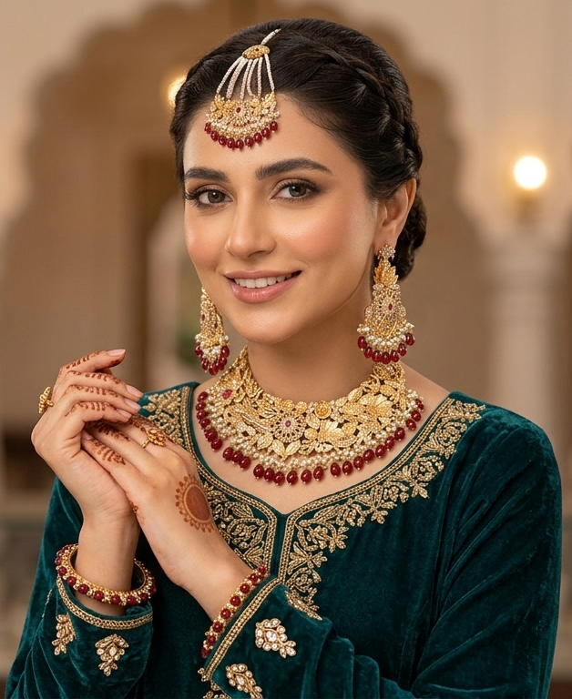 Bridal Maroon Kundan Jewelry Set with Pearl & Beads image 1