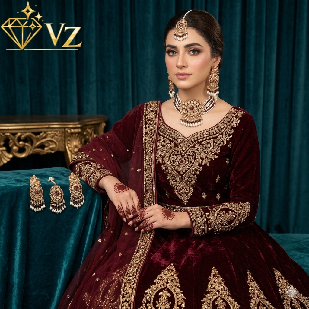 Maroon & Gold Bridal Choker Set (Complete Wedding Jewellery Set) image 1