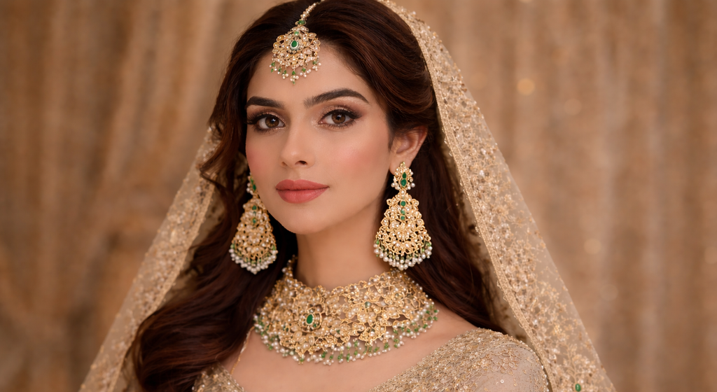 Noor Mahal 3D Kundan Bridal Choker Set with Pearl & Green Stones (Real Stone Finish) image 1