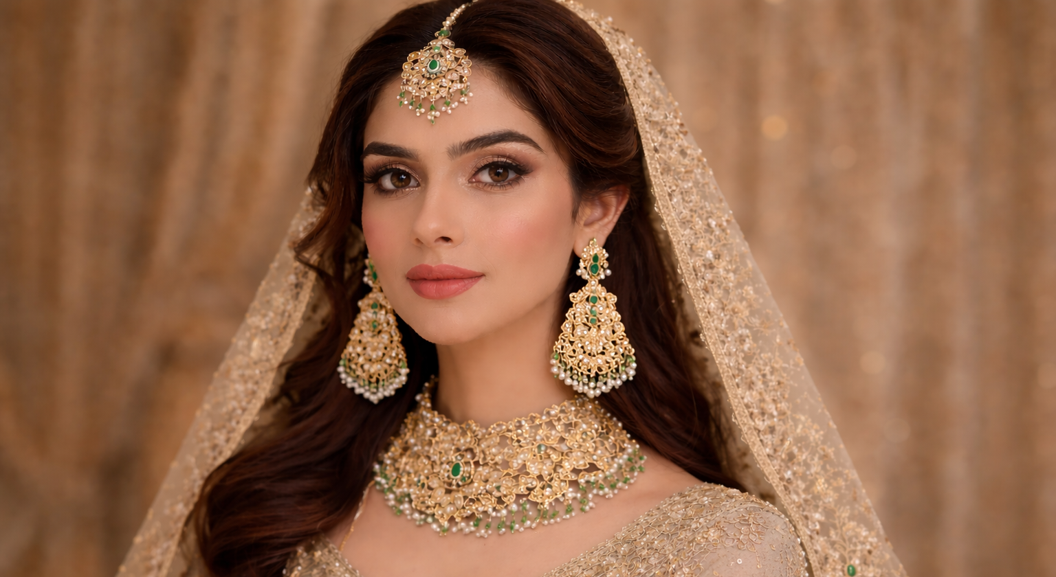Noor Mahal 3D Kundan Bridal Choker Set with Pearl & Green Stones (Real Stone Finish) image 1